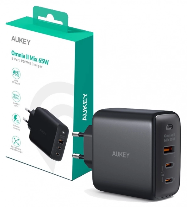 Aukey Omnia II černá GaN nabíječka 65W 3xUSB-C/A