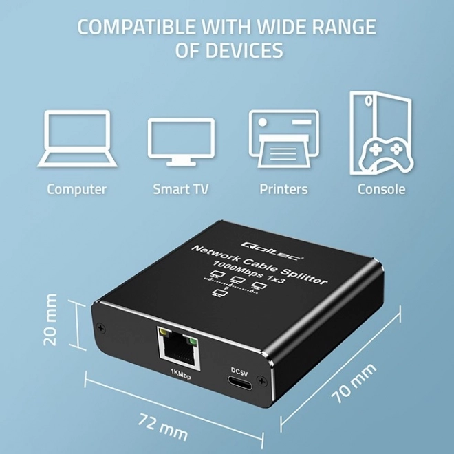 Ethernet rozdělovač mini switch 1x3 RJ45 1000Mb/s USB-C hliníkový
