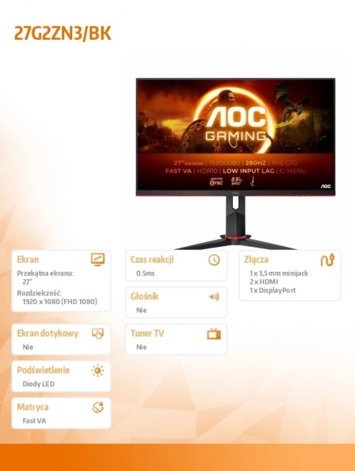 Monitor 27G2ZN3 27" Fast VA 280Hz HDMIx2 DP Pivot