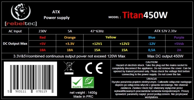 Univerzální počítačový zdroj ATX ver. 2.31 TITAN 450