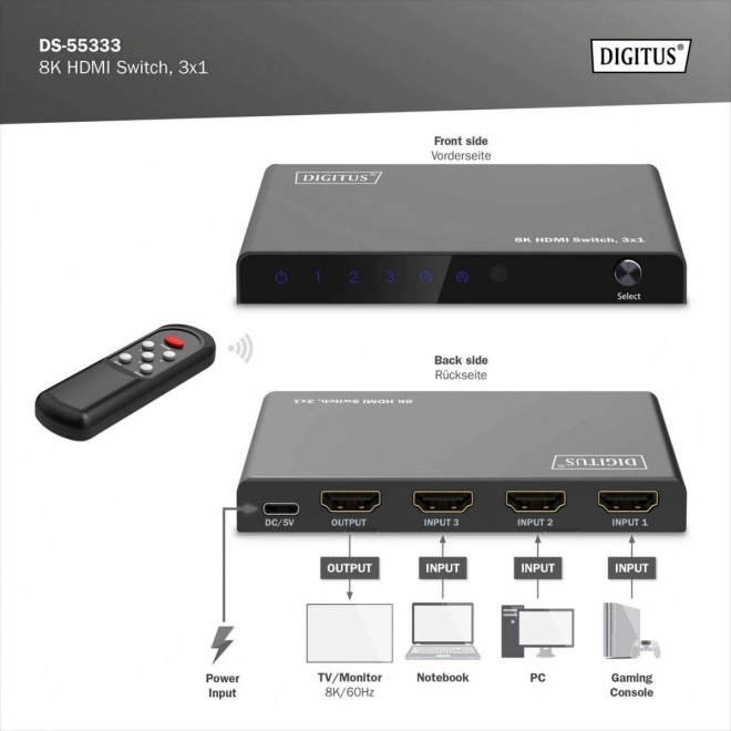 Přepínač HDMI 8K 3x1 s dálkovým ovládáním