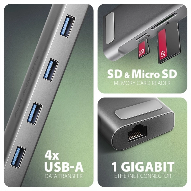 HMC-10HLS Víceportový rozbočovač USB 5Gb/s 4x USB-A, HDMI 4K/60Hz, RJ-45, SD/microSD, PD 100W, 25cm kabel USB-C