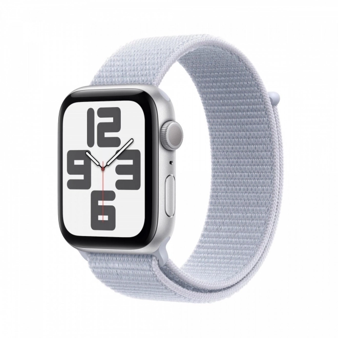 Apple Watch SE - hliníkové pouzdro 40 mm, stříbrné provedení s modrošedým sportovním řemínkem