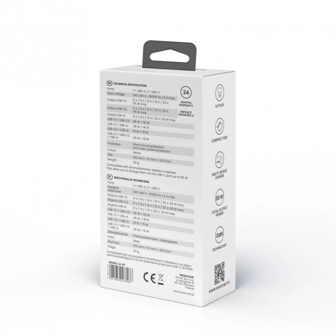GaN 65W síťová nabíječka USB, Quick Charge 4.0, Power Delivery 3.0, LA-07