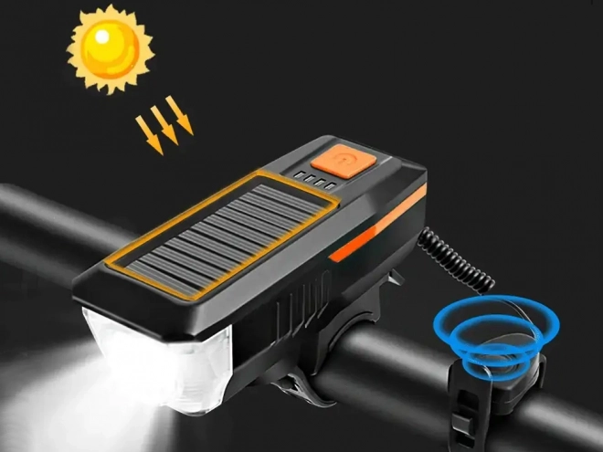 Přední LED světlo na kolo se solárním nabíjením a houkačkou