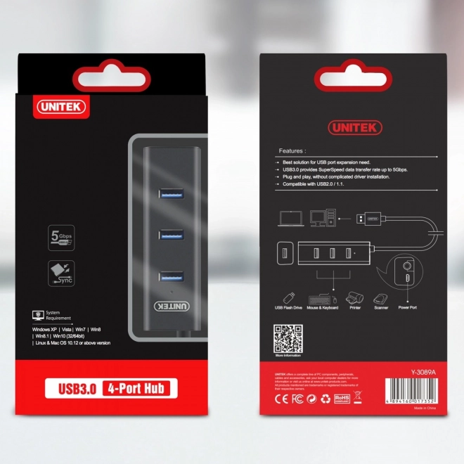 Rozbočovač 4x USB 3.0; BC1,2; ČERNÝ