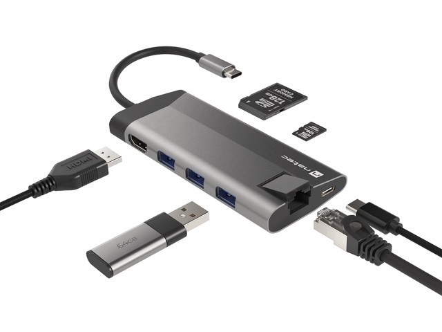 Rozbočovač USB‑C NATEC Fowler Plus 8 v 1, 3× USB 3.0, HDMI 4K, RJ‑45, SD/microSD, PD 100 W