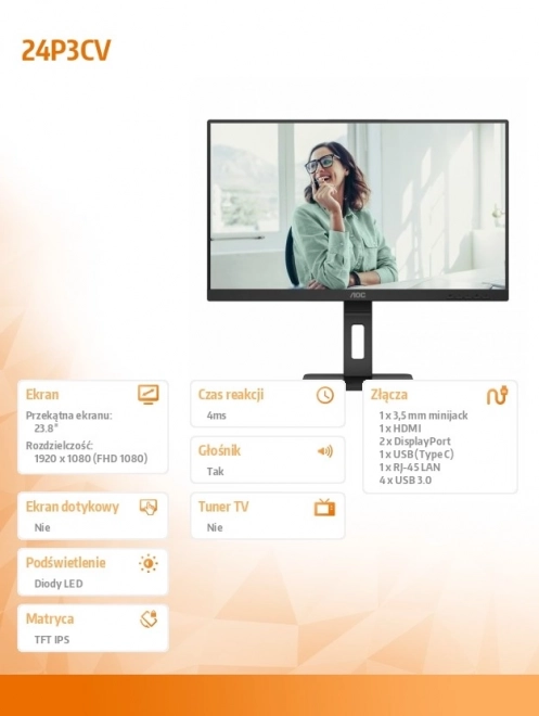 Monitor AOC 24P3CV 23,8" IPS s HDMI, DP, USB-C a Pivot