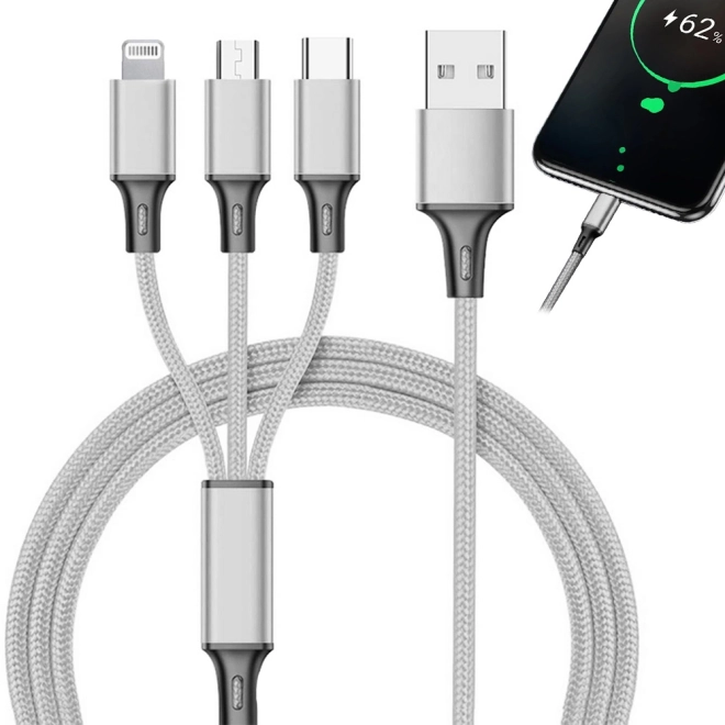 3v1 usb kabel pro telefon lightning kabel iphone micro usb typ-c 1,2 m – Bílý