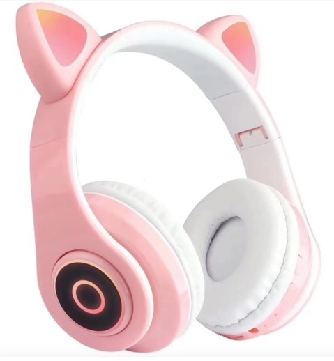 Bezdrátová sluchátka Bluetooth kočičí uši LED RGB – Růžové