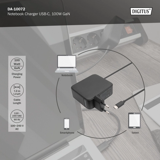 Napájecí nabíječka 1x USB-C PD 3.0 max. 100W GaN integrovaný kabel 1,2 m černý