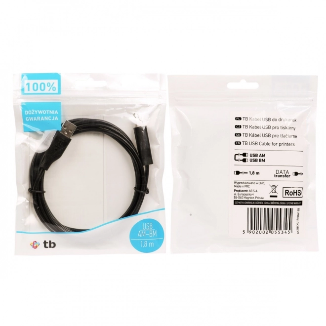 Černý USB kabel 1,8 m AM-BM