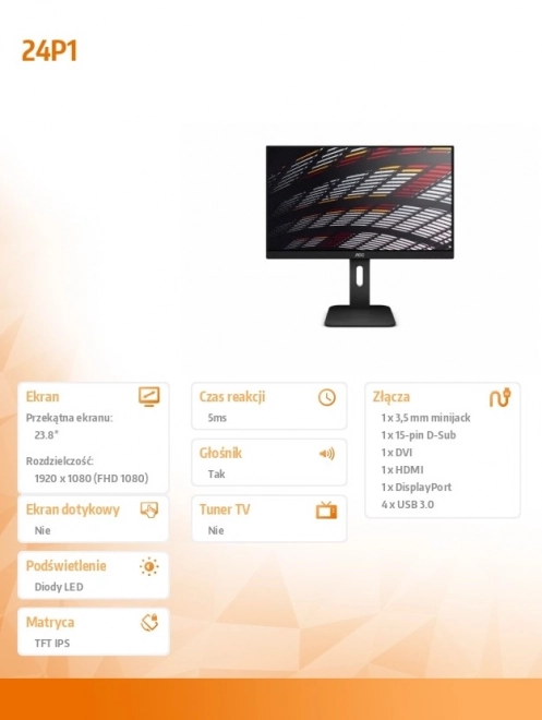 Monitor AOC 24P1 IPS s DVI, DP, HDMI, Pivot, Reproduktory