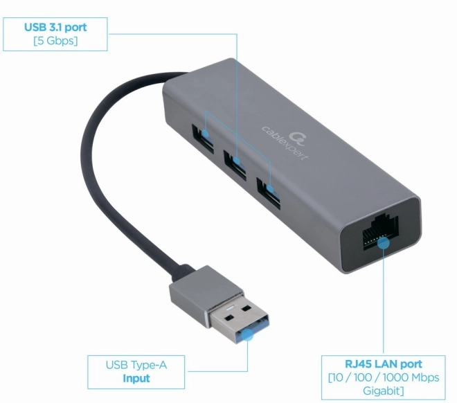 Adaptér USB-AM na LAN GbE Hub 3xUSB 3.0