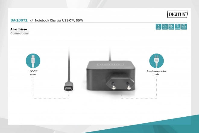 Napájecí nabíječka 1x USB-C PD 3.0 max. 65W integrovaný kabel 1,2 m černý