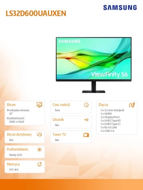 32" monitor ViewFinity S60UD IPS WQHD s USB‑C, LAN a KVM