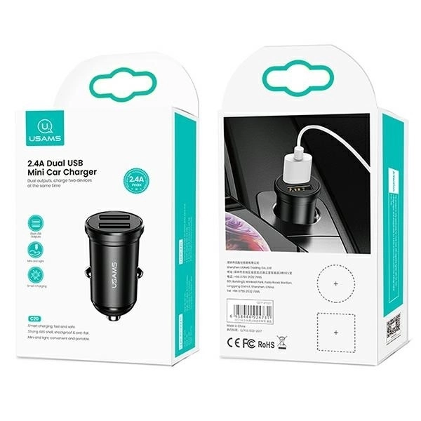 Černá dvouportová USB nabíječka do auta 2,4A