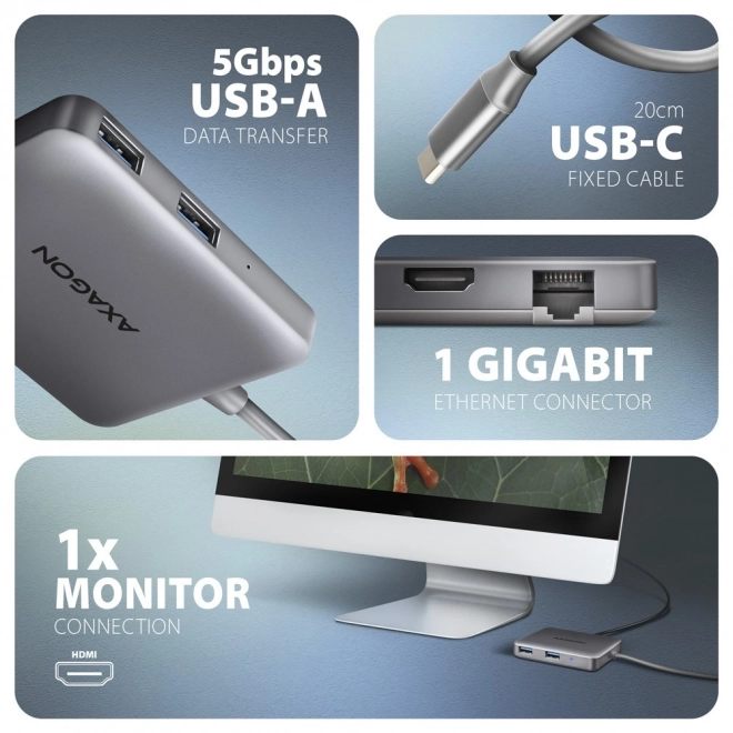 HMC-5HL Víceportový rozbočovač 2x USB-A, 4K HDMI, GLAN, USB 3.2 Gen 1, PD 100W, 15cm kabel USB-C