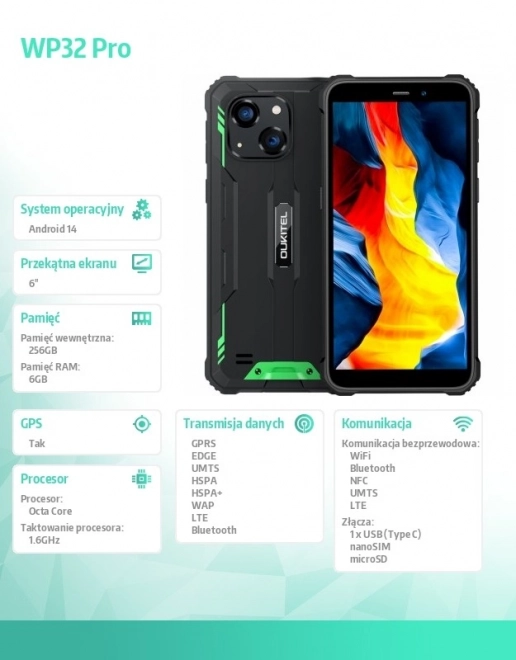Smartphone s dlouhou výdrží WP32 Pro 6/256GB zelený