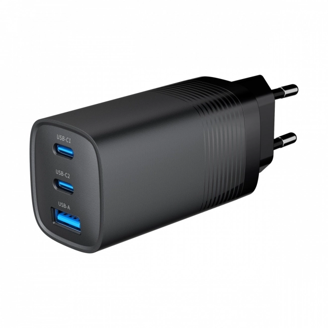 Černá USB nabíječka 65W GaN s 1x USB-A a 2x USB-C porty