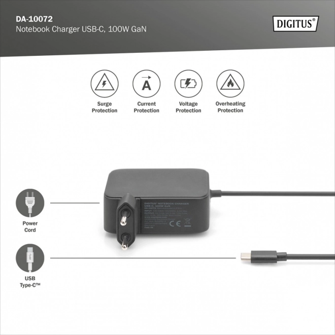 Napájecí nabíječka 1x USB-C PD 3.0 max. 100W GaN integrovaný kabel 1,2 m černý