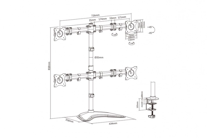 Čtyřnásobný stolní stojan, 4xLCD, max. 27", max. zatížení 8 kg, náklon a otáčení o 360° (PIVOT)