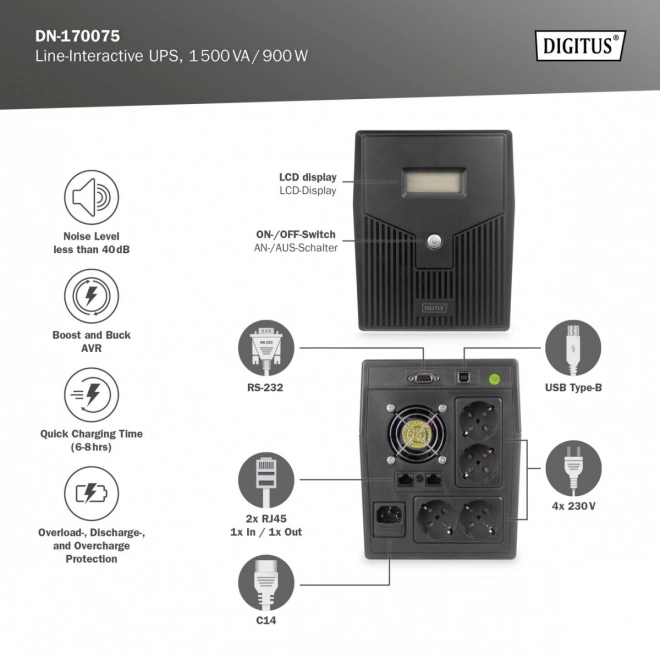 UPS Line-Ineractive LCD, 1500VA/900W, 2x12V/9Ah, AVR, 4xSCHUKO, USB, RS232, RJ45