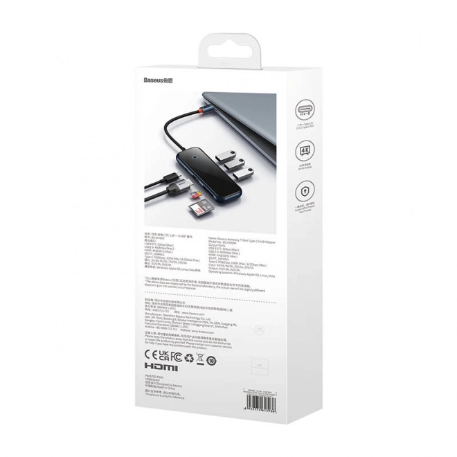 Rozbočovač 7v1 Baseus řady AcmeJoy USB-C na 2xUSB 3.0 + HDMI + USB 2.0 + USB-C PD + SD/TF (tmavě šedý)