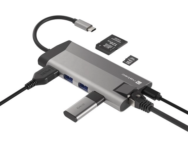 Rozbočovač USB‑C NATEC Fowler Plus 8 v 1, 3× USB 3.0, HDMI 4K, RJ‑45, SD/microSD, PD 100 W