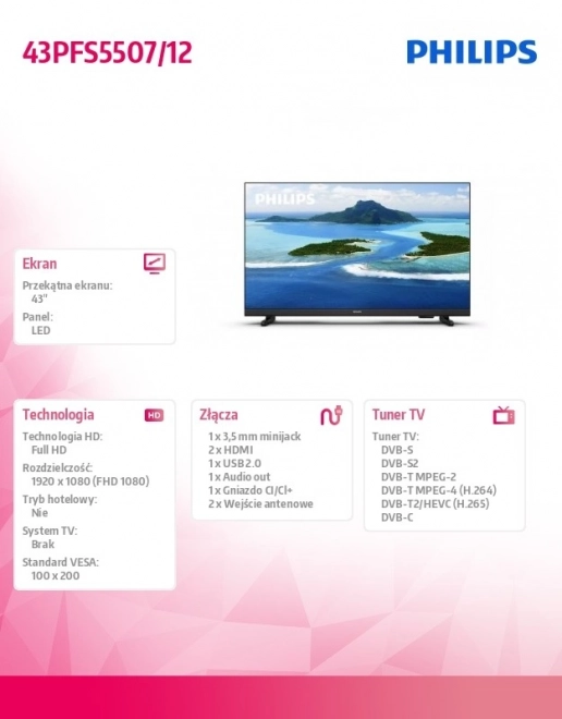 43palcový televizor LED 43PFS5507/12