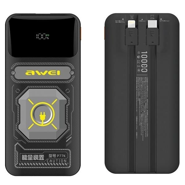 PowerBank 10000mAh 22,5W P77K s vestavěnými kabely Lightning USB-C 1xUSB+2xUSB-C výstupy