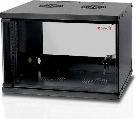 Nástěnná rack skříň ECO 19" 6U, 450 mm, skleněné dveře, černá