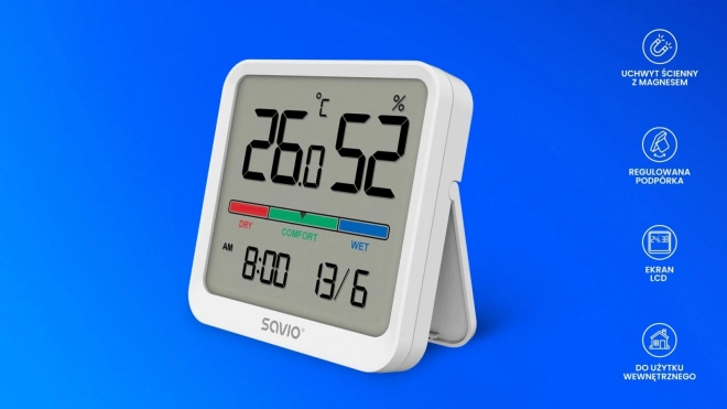 Čidlo teploty a vlhkosti, pro vnitřní použití, LCD displej, hodiny, datum, rukojeť s magnetem, CT-01 – bílé