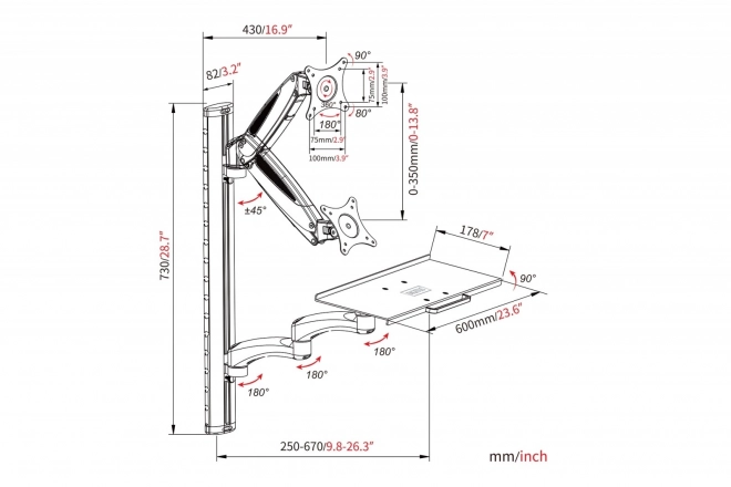 Jednoduché nástěnné rameno 1xLCD + klávesnice, max. 32" a 8 kg náklon a otáčení o 360° (PIVOT)