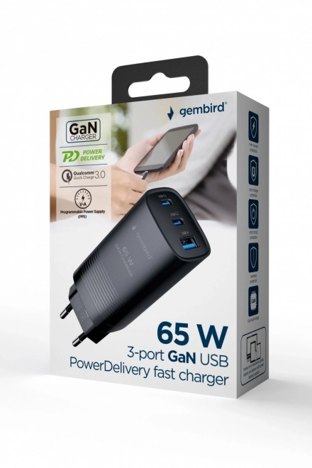 Černá USB nabíječka 65W GaN s 1x USB-A a 2x USB-C porty