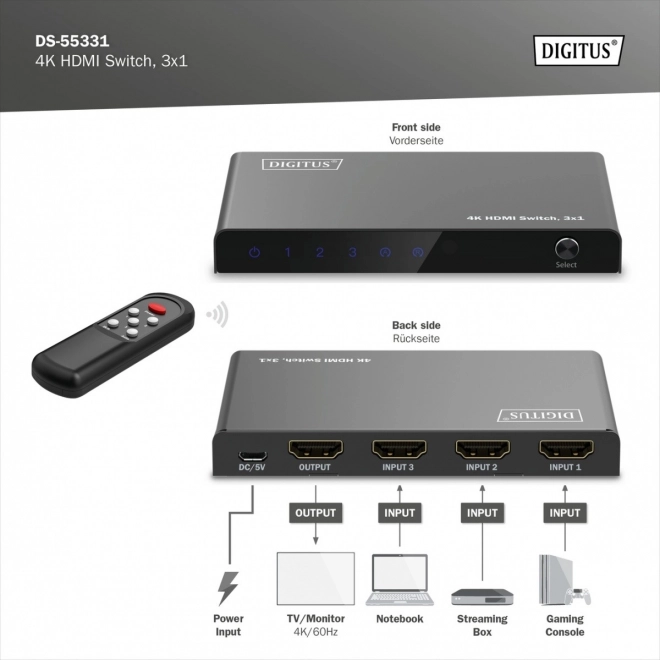 Přepínač 4K HDMI 3x1 s dálkovým ovládáním