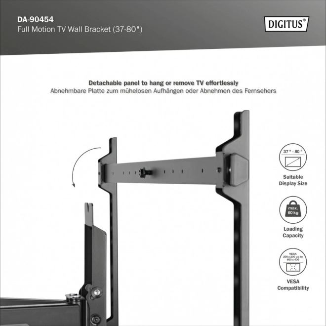 Nástěnný držák pro TV 37-80" max. zatížení 60 kg, VESA max. 600x400 s vertikálním a horizontálním nastavením