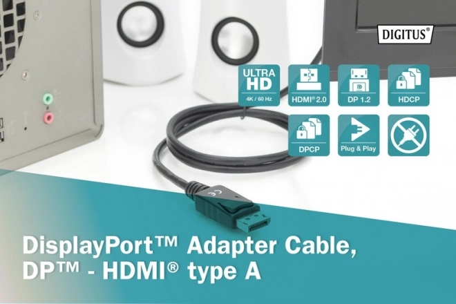 Adaptační kabel DisplayPort 1.2 s nacvakávacím konektorem 4K 60Hz UHD Typ DP/HDMI A M/M černý – 3 m