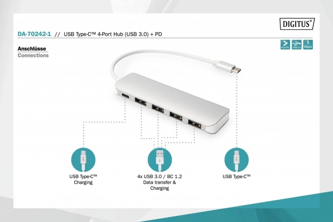 USB 3.0 SuperSpeed 4-portový HUB/Centrátor s napájením typu C, hliník