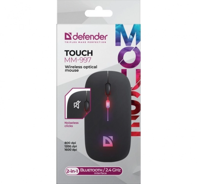 Bezdrátová myš DEFENDER Touch, tiché klikání, RGB, BT + 2,4 GHz, dobíjecí, 800/1200/1600 DPI, černá