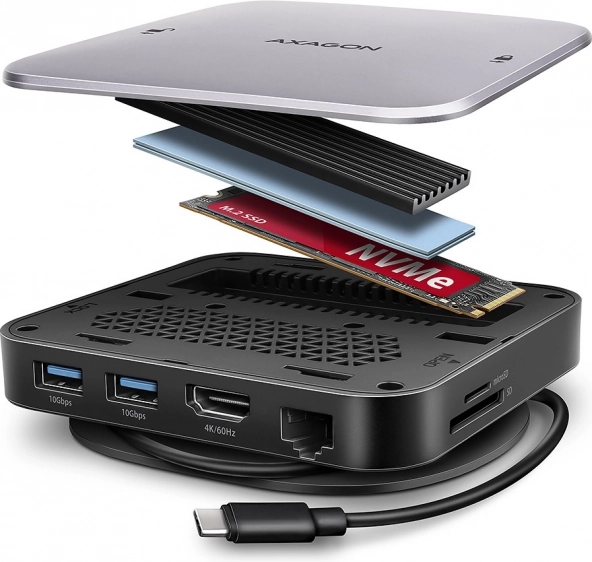 AXAGON víceportový USB‑C hub 9v1 s M.2 NVMe/SATA, HDMI 4K/60 Hz, PD 100 W, GLAN a čtečkou karet