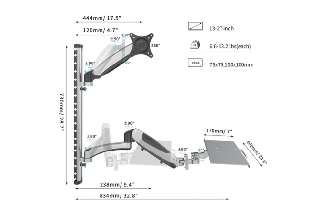 Nástěnné rameno pro monitor a klávesnici, max. 27", max. 8kg, otočné 360°