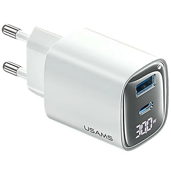 30W GaN LED USB+USB-C síťová nabíječka CC229 Rychlé nabíjení bílá