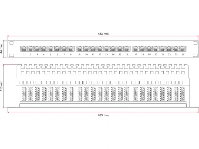 Patch panel UTP Cat 5e, 24 portů, LSA, 1U s policí