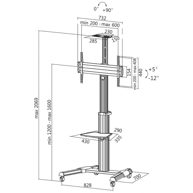 Vesa TV vozík, max. 50 kg, 37-70 cm