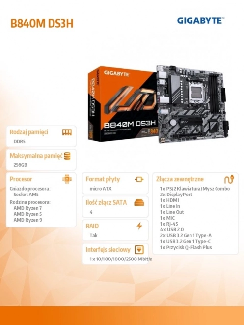 Základní deska GIGABYTE B840M DS3H AM5 mATX