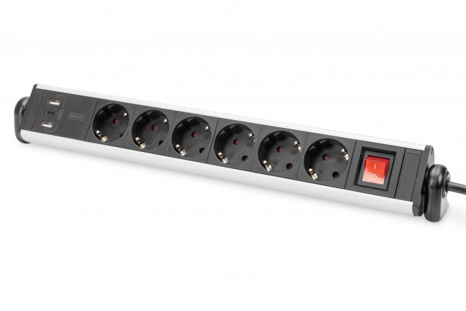 Kancelářská napájecí lišta 45° 6 zásuvek, 2xUSB-A 1xUSB-C (5V/3,4A) otočná o 180°, hliník, se stolní svorkou