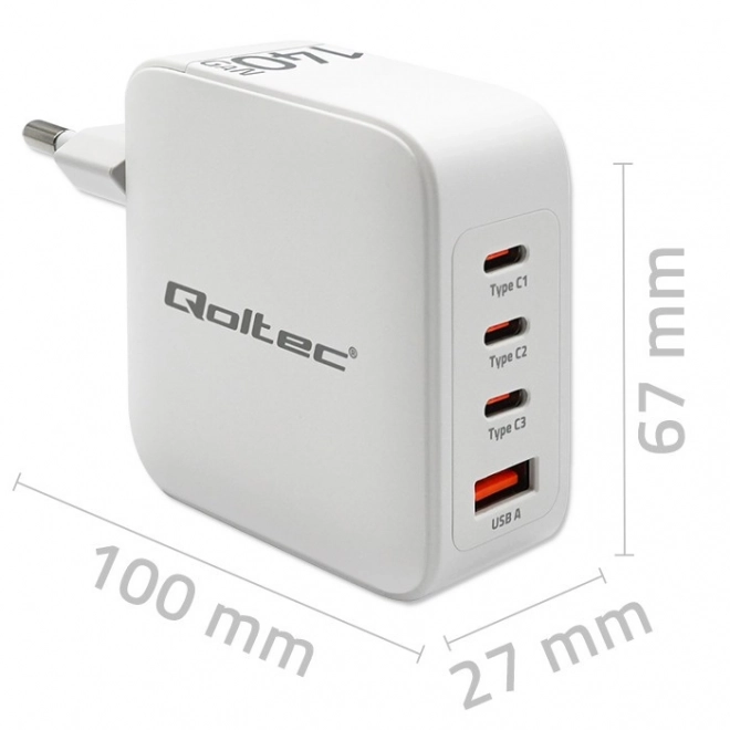 Napájecí nabíječka 140W GaN | 5-20V | 2,5-5A | 3xUSB-C PD | 1xUSBQC 3.0 | Bílá