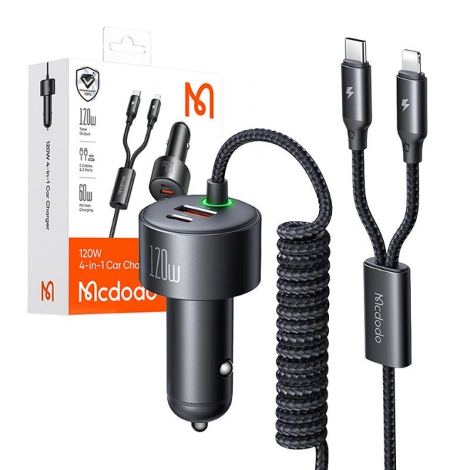 Nabíječka do auta s USB-C a Lightning, výsuvné kabely, 120W