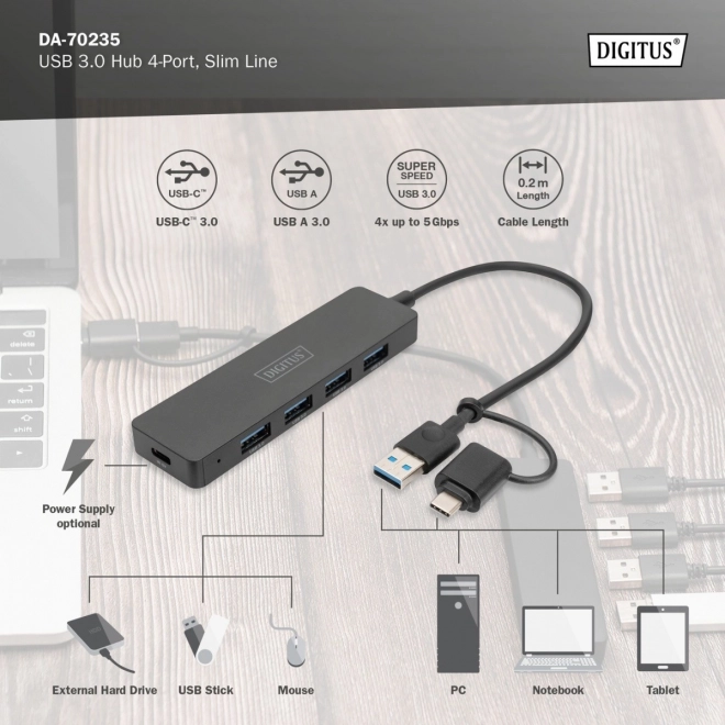 Hub USB 4 porty SlimLine s adaptérem USB-C